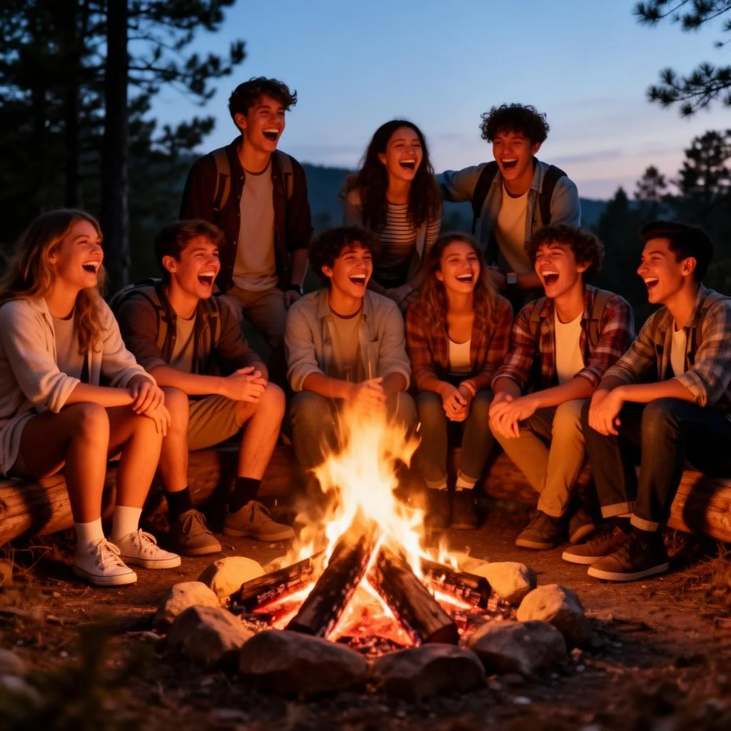 A group laughs together around a campfire at night.