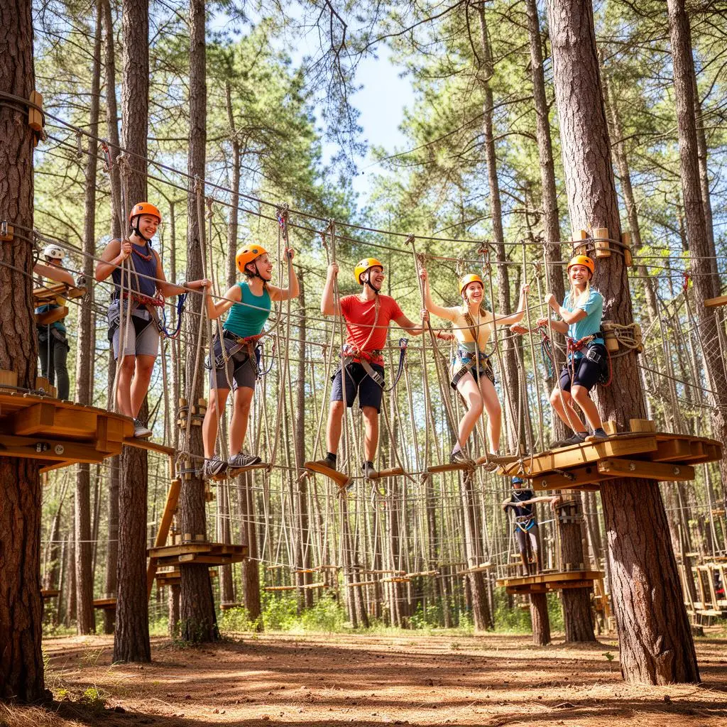 Young adults on a high ropes course in the pine forest.
